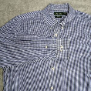 Lauren Ralph Lauren Mens 17.5 34/35 Blue Gingham Slim Fit Non Iron Dress Shirt